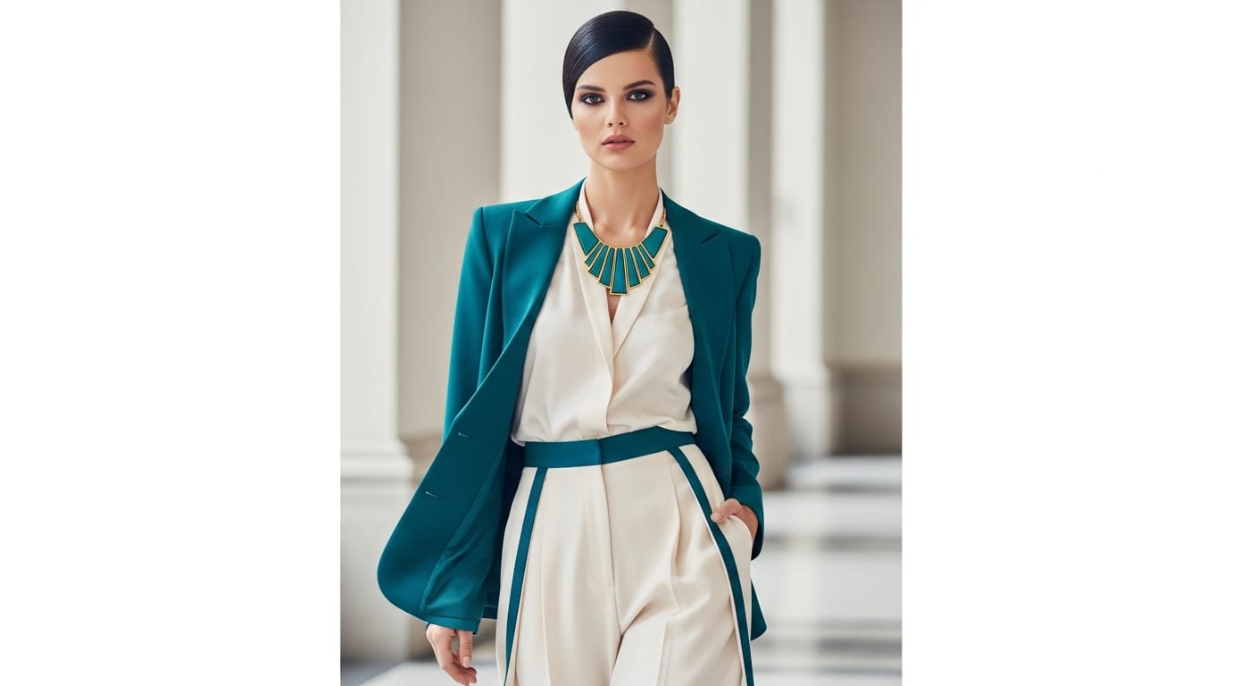 Mulher confiante usando um look elegante em tons de teal e creme criado pela IA da Magnolia