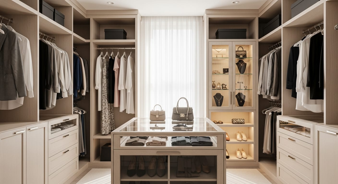Closet minimalista de luxo organizado com a inteligência de guarda-roupa da Magnolia